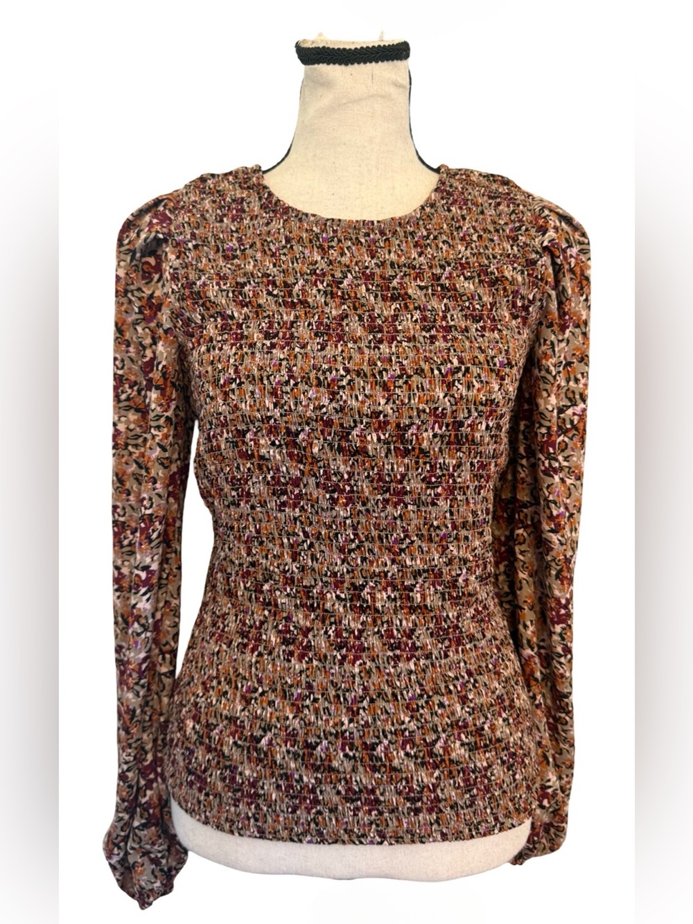 Ever Eve Smocked Floral Blouse Puff Sleeve Abstract Print Top Women’s Small
